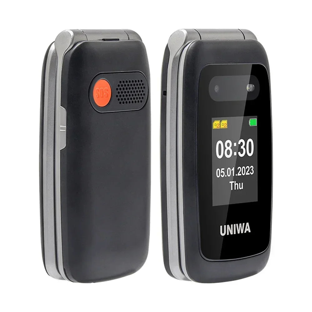 UNIWA V202T teléfono abatible pantalla Dual botón grande tarjetas SIM duales red 4G soporte para teléfono móvil base de carga para personas mayores