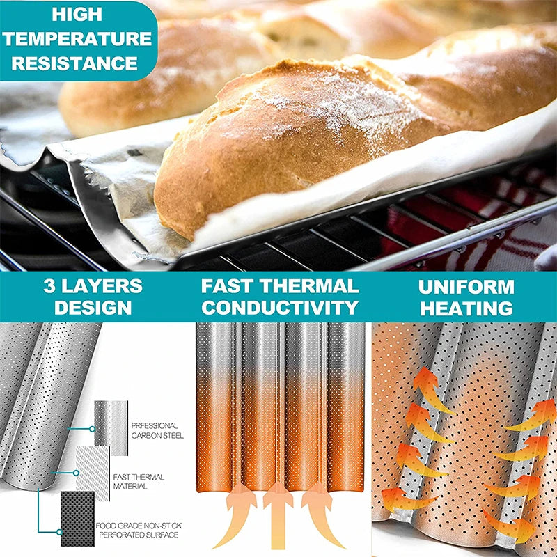 LMETJMA Pan para hornear pan francés perforado antiadherente, sartén Baguette de acero al carbono, pan francés, 4 pan ondulados, molde para hornear pan JT158
