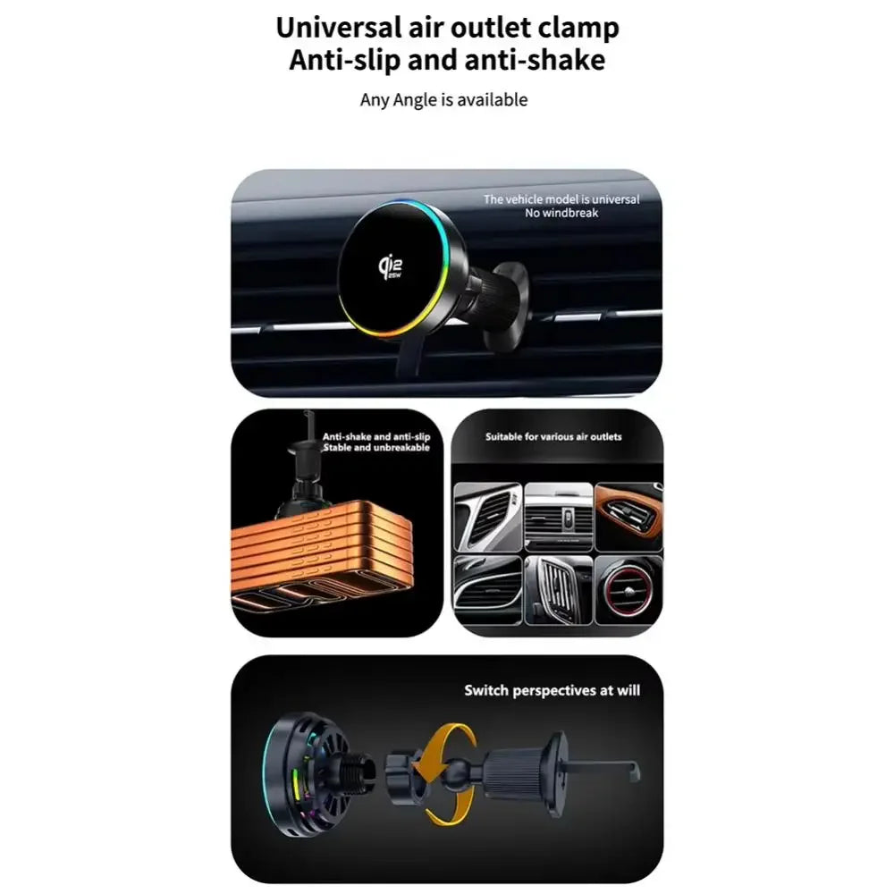 Cargador Magnético para Coche Qi2 de 25W con Luz RGB, Soporte para Rejilla de Ventilación con Carga Rápida y Refrigeración para iPhone 17 Pro Max