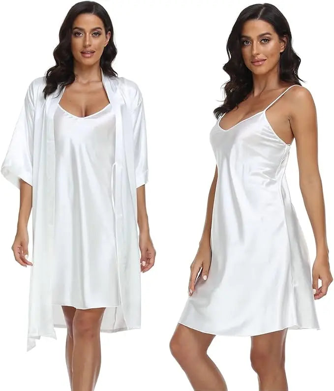 Conjunto de pijamas de seda de lujo para mujer, bata de manga larga, falda holgada cómoda, pijamas para mujer, conjunto de dos piezas
