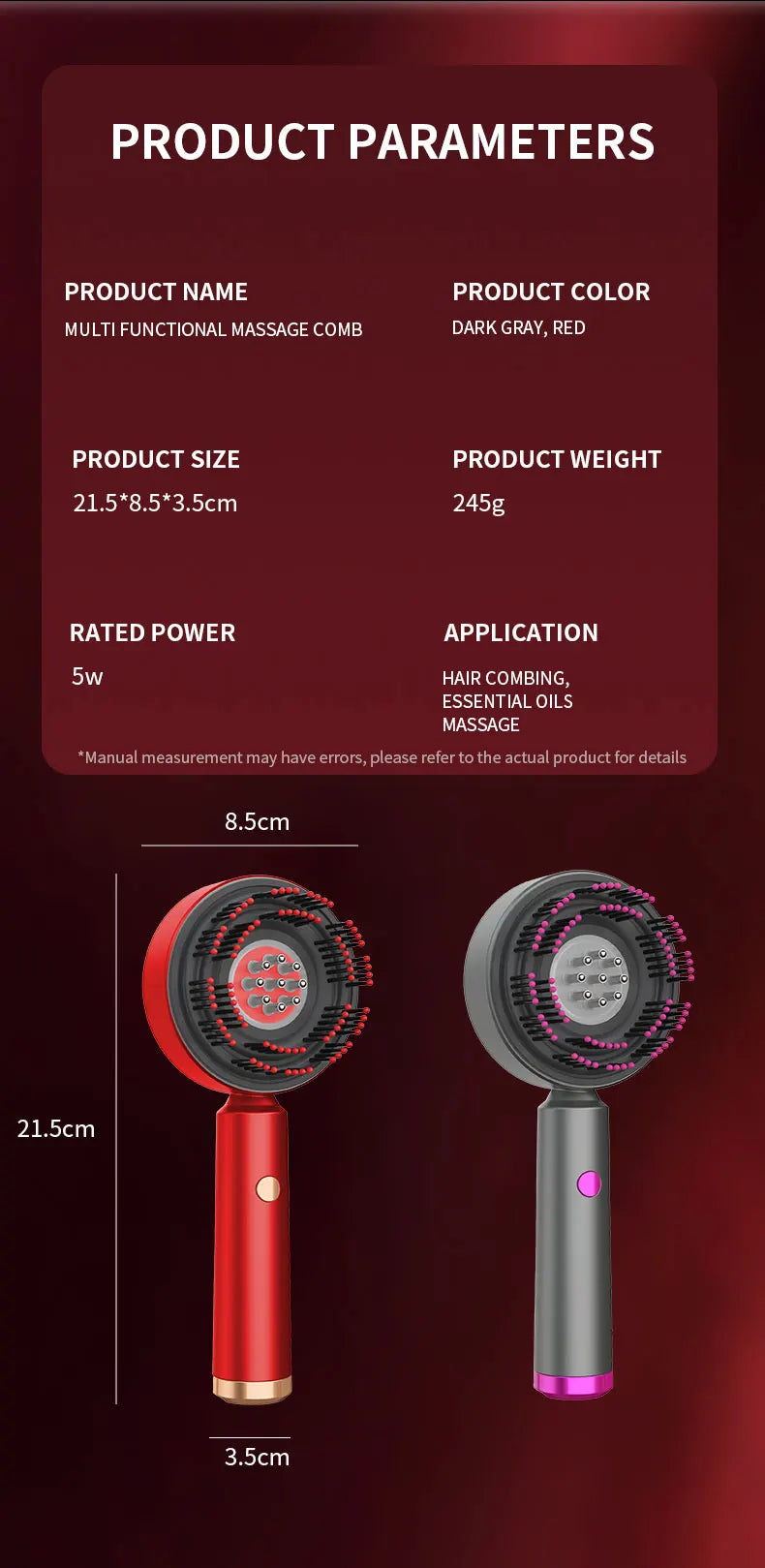 Peine de masaje con vibración eléctrica, terapia de luz roja, masaje para el crecimiento del cabello, cepillo para el cuero cabelludo, aplicador de aceite líquido anticaída, cuidado del cabello