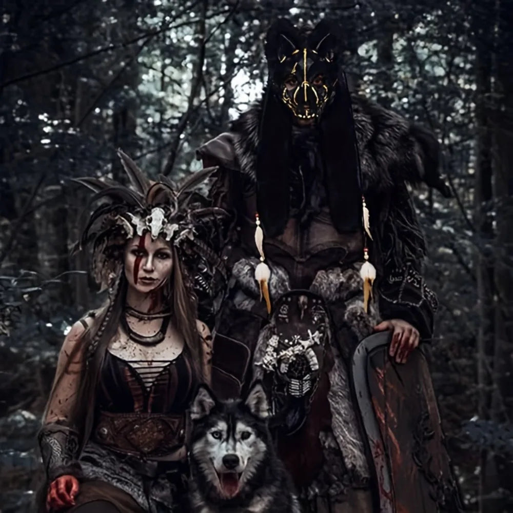 Máscara de lobo peludo, máscara de zorro de piel vikinga, tocado de Wendigo, disfraz de hombre lobo de Halloween, Cosplay Medieval bárbaro, Guerrero renacentista
