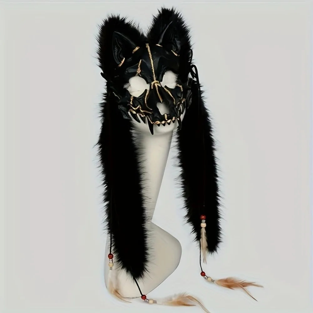 Máscara de lobo peludo, máscara de zorro de piel vikinga, tocado de Wendigo, disfraz de hombre lobo de Halloween, Cosplay Medieval bárbaro, Guerrero renacentista