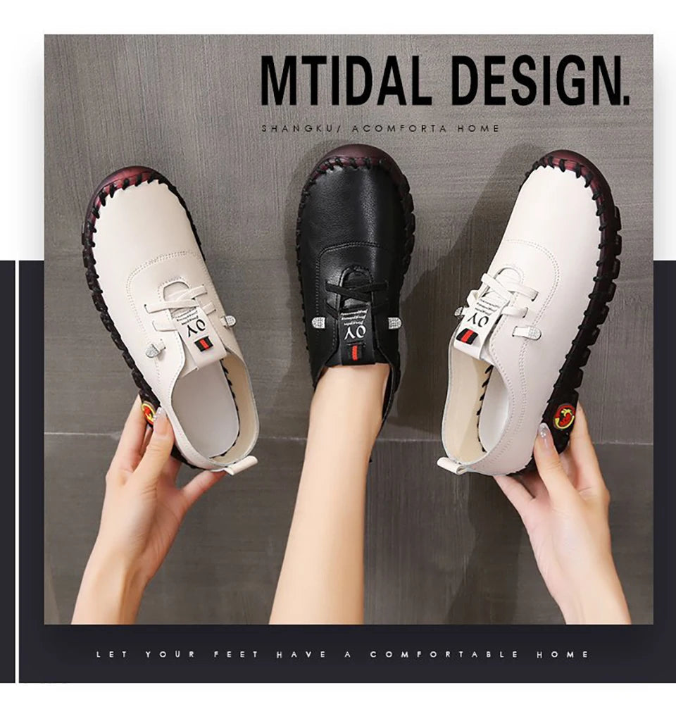 Zapatillas de deporte para Mujer, mocasines con cordones de cuero, planos, informales, cómodos, para mamá, para Mujer