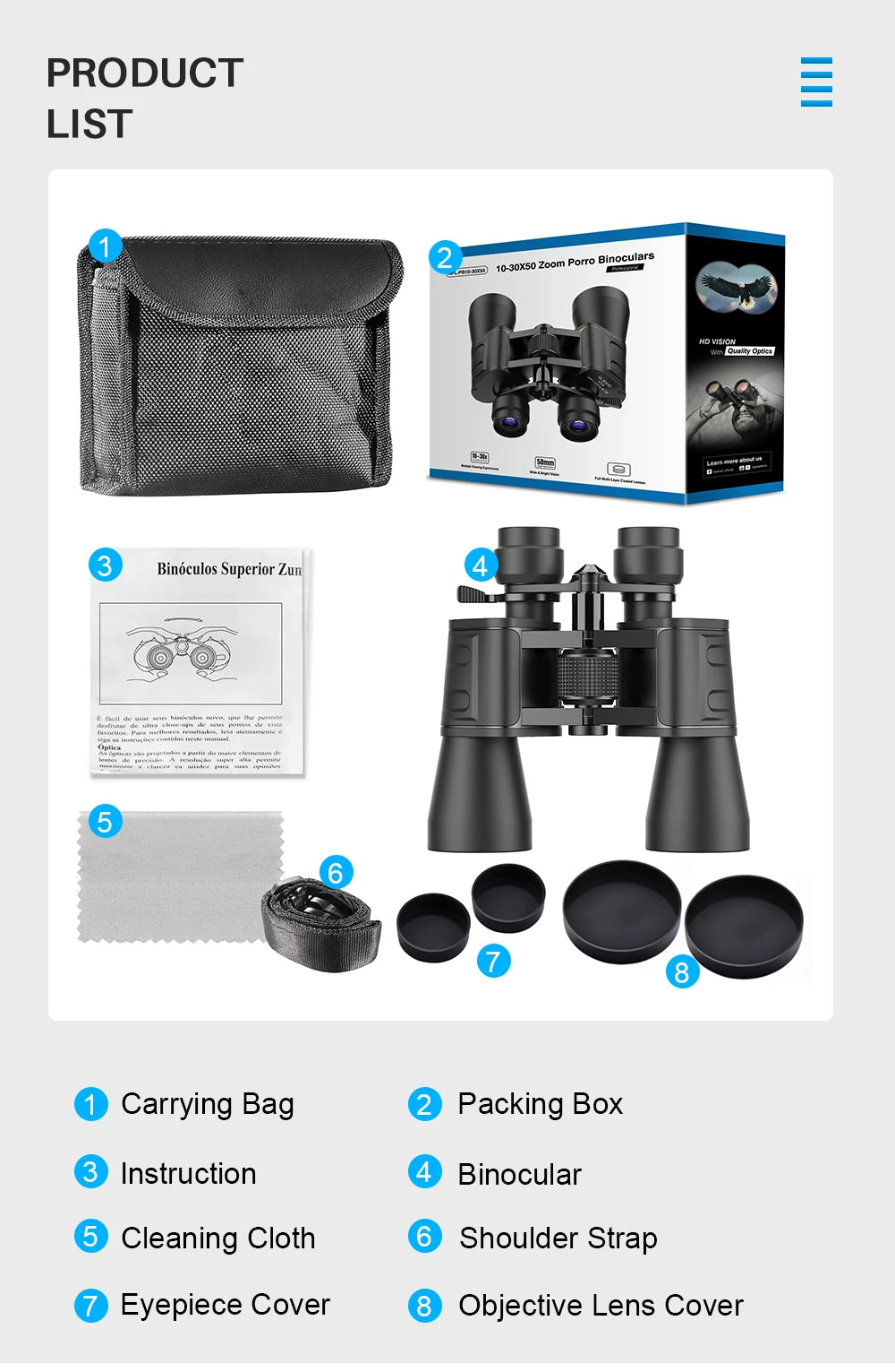 Binoculares APEXEL 10-30x50 Zoom para Caza, Camping y Senderismo