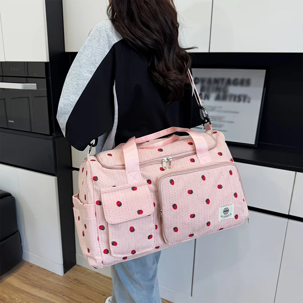 Bolsa de viaje de fresa, bolsa de equipaje de pana de gran capacidad, bolso cruzado ligero, bolsa deportiva y de fitness multifuncional