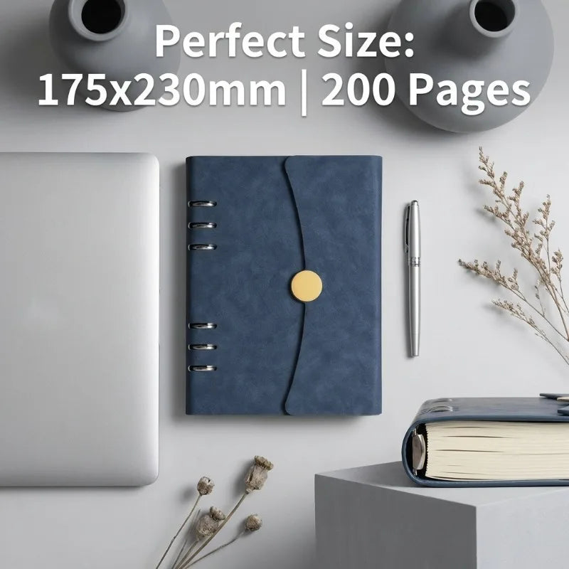 Cuaderno A5 con Cubierta de Cuero PU, Recargable, 6 Anillas, Cuaderno Personal con 200 Hojas de Papel Dawling para Escribir, Dibujar y Tomar Notas