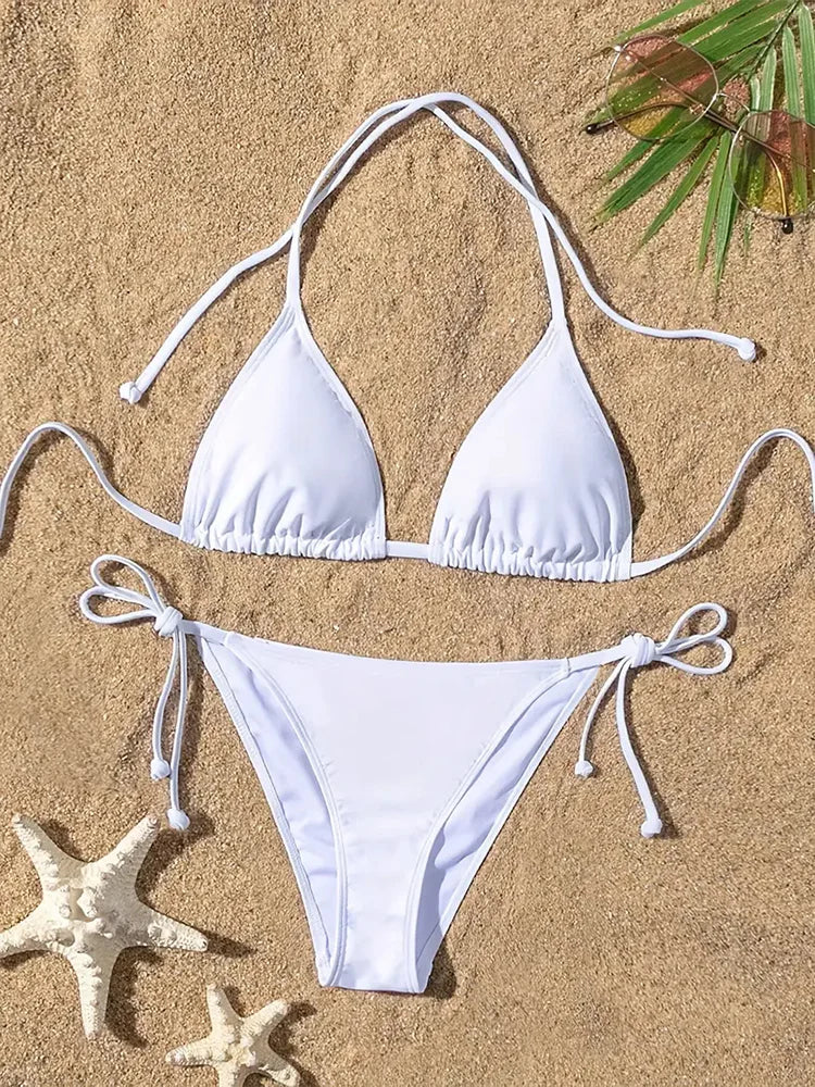 1 traje de baño para mujer, conjunto de Bikini acanalado con almohadillas y espalda descubierta, sujetador triangular con cuello Halter, Tanga con lazo lateral, ropa de playa, traje de baño para mujer