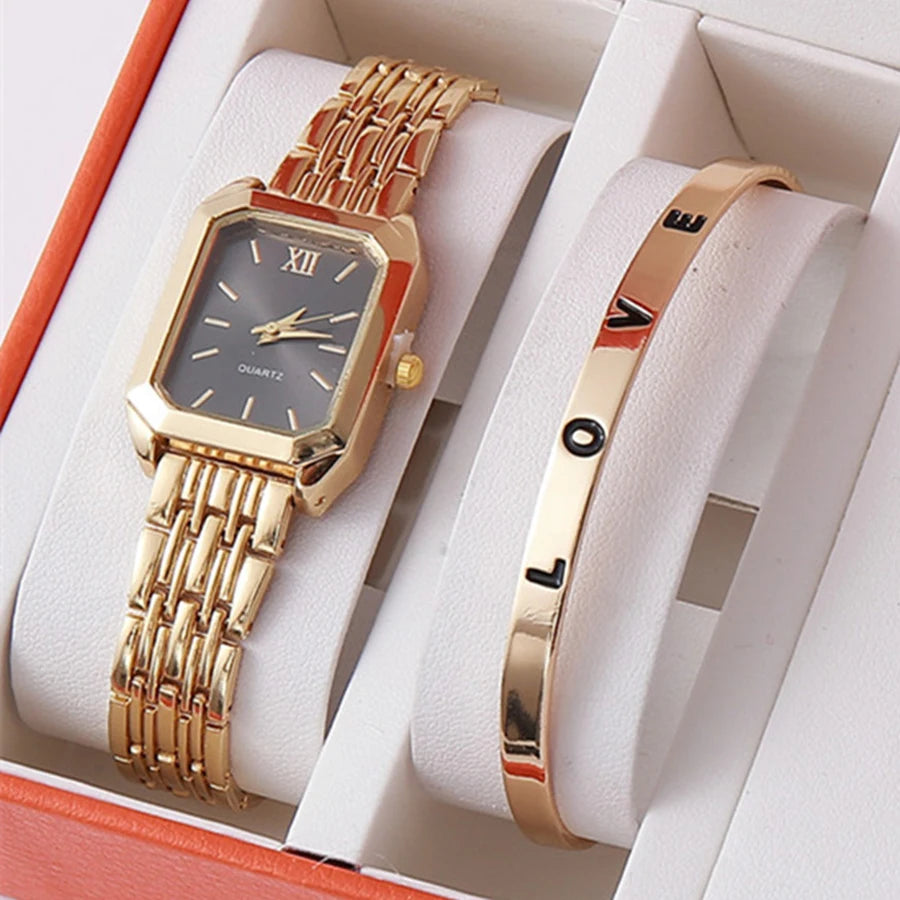 2 unids/set de reloj de cuarzo de lujo para mujer con pulsera de amor, conjunto de banda de aleación, relojes de pulsera de cuarzo para mujer de negocios, reloj femenino dorado