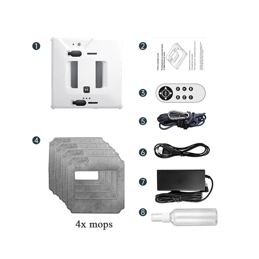 Limpiador de ventanas robótico con doble pulverización de agua, automático, de alta succión, anticaída, para limpieza de ventanas y vidrios exteriores, con control remoto.
