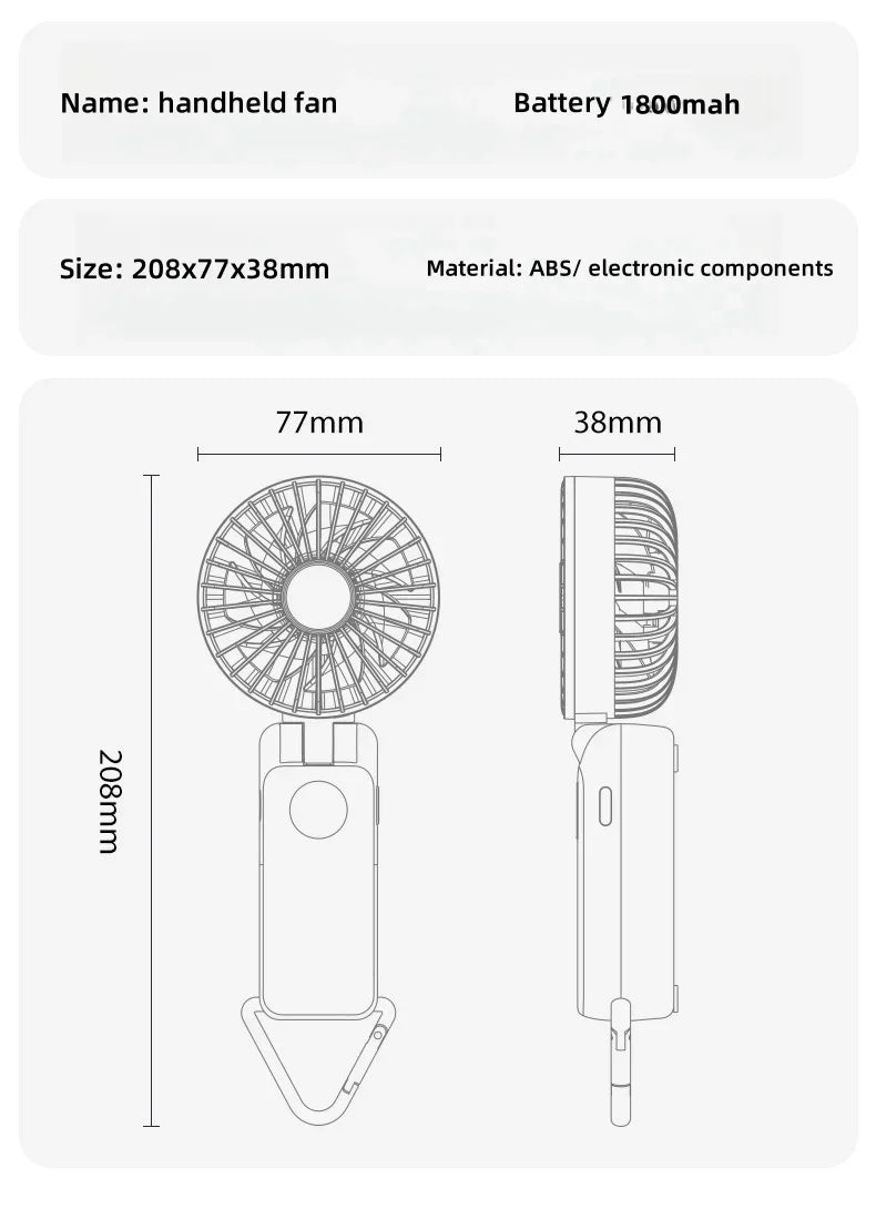 Nuevo Mini ventilador portátil de mano de 1800mAh, diseño de pantalla LED, 3 engranajes para aparatos de refrigeración portátiles de verano para interiores y exteriores
