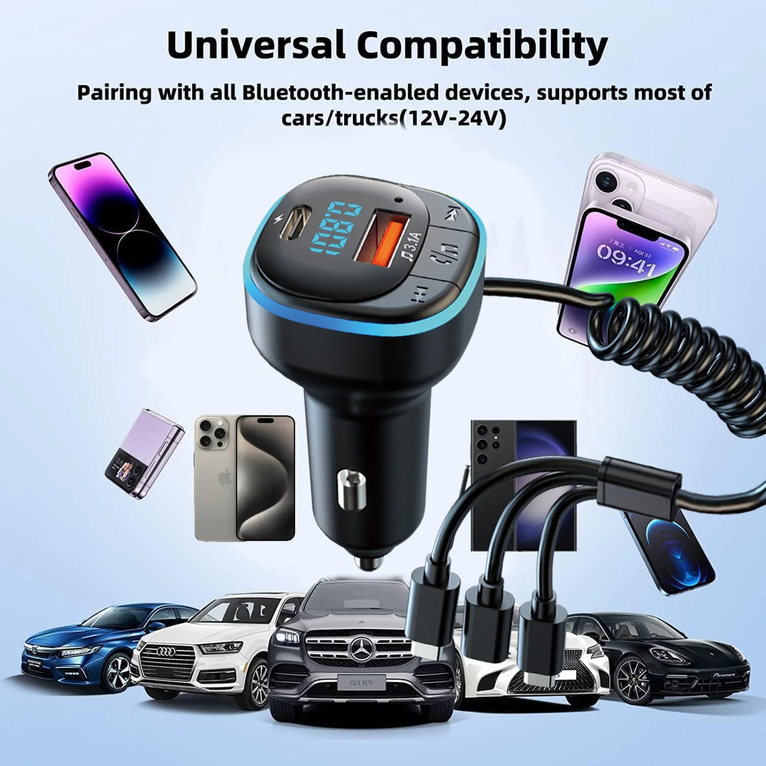 Transmisor FM Bluetooth para Auto con Cargador Dual y Cable 3 en 1