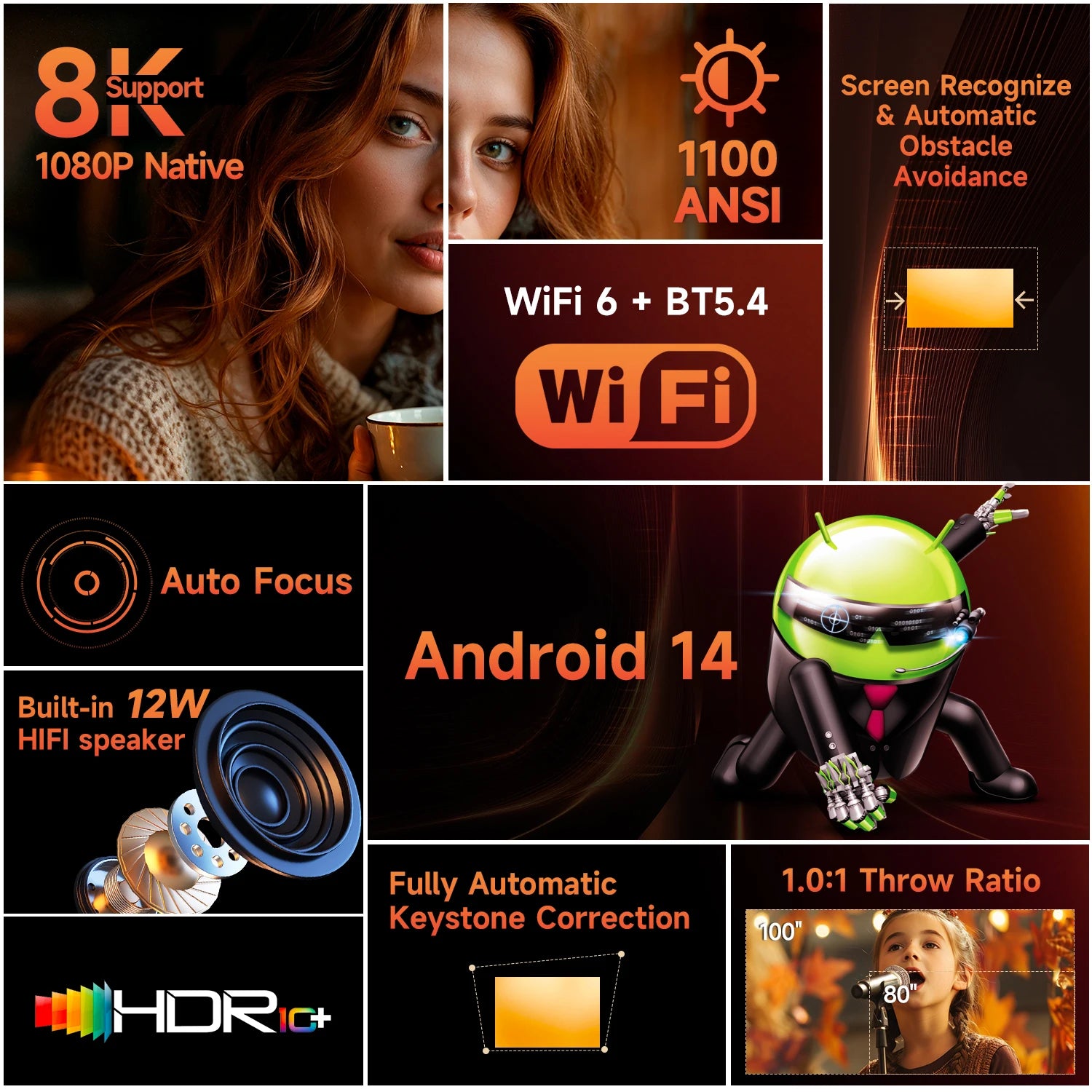 Magcubic HY450MAX 1100ANSI Android 14 Proyector portátil para exteriores 1080P Enfoque automático 8K Soporte WIFI6 Mini proyector de haz