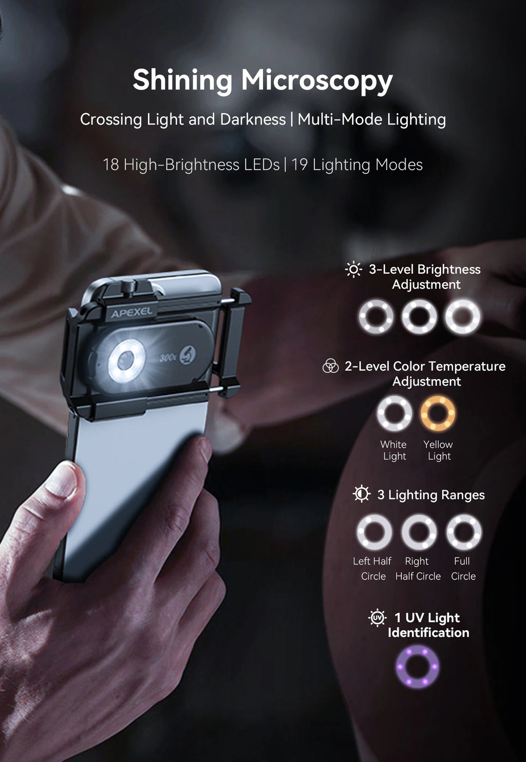 Lente Microscopio 300X para Celular con Luz LED APEXEL