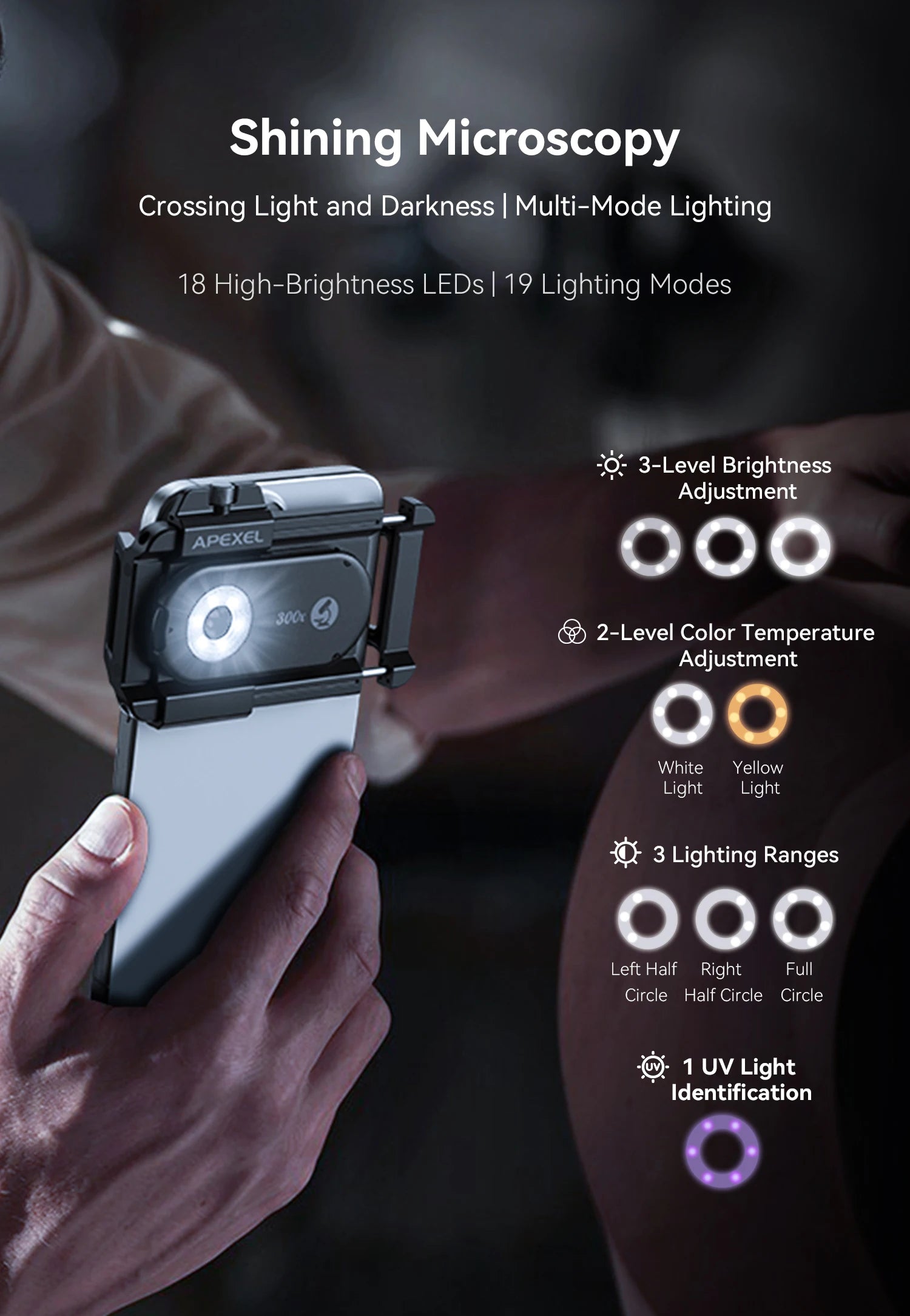 Lente Microscopio 300X para Celular con Luz LED APEXEL