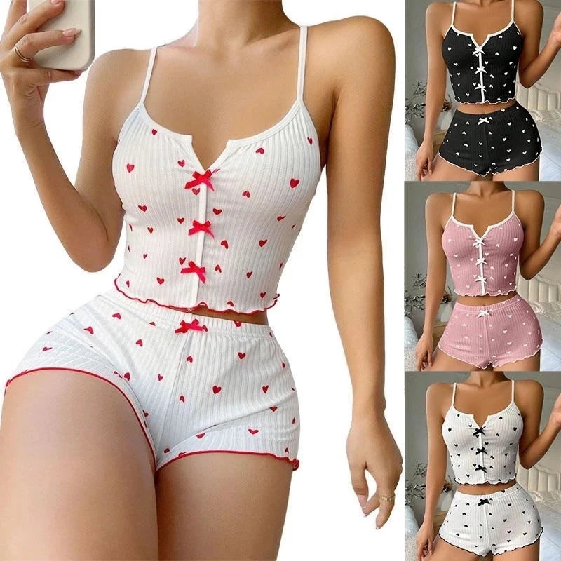 1 Juego de ropa de dormir para mujer, conjunto de pijamas con estampado de corazón, tela acanalada suave con ribete de volantes coqueto, camisola informal y conjunto corto, ropa de descanso