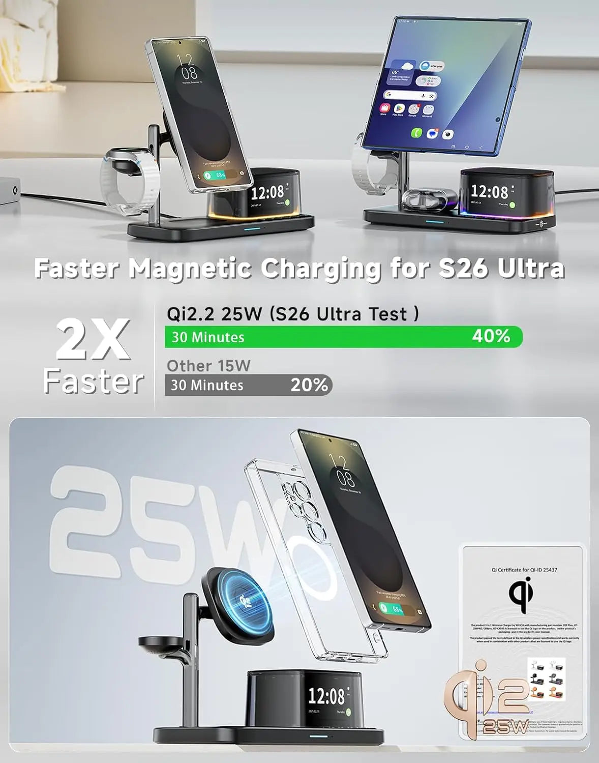 Estación de Carga Inalámbrica Magnética 7 en 1 para iPhone 16~17 Pro Max, Cargador Qi2.2, Altavoz Bluetooth para Apple y Samsung Watch