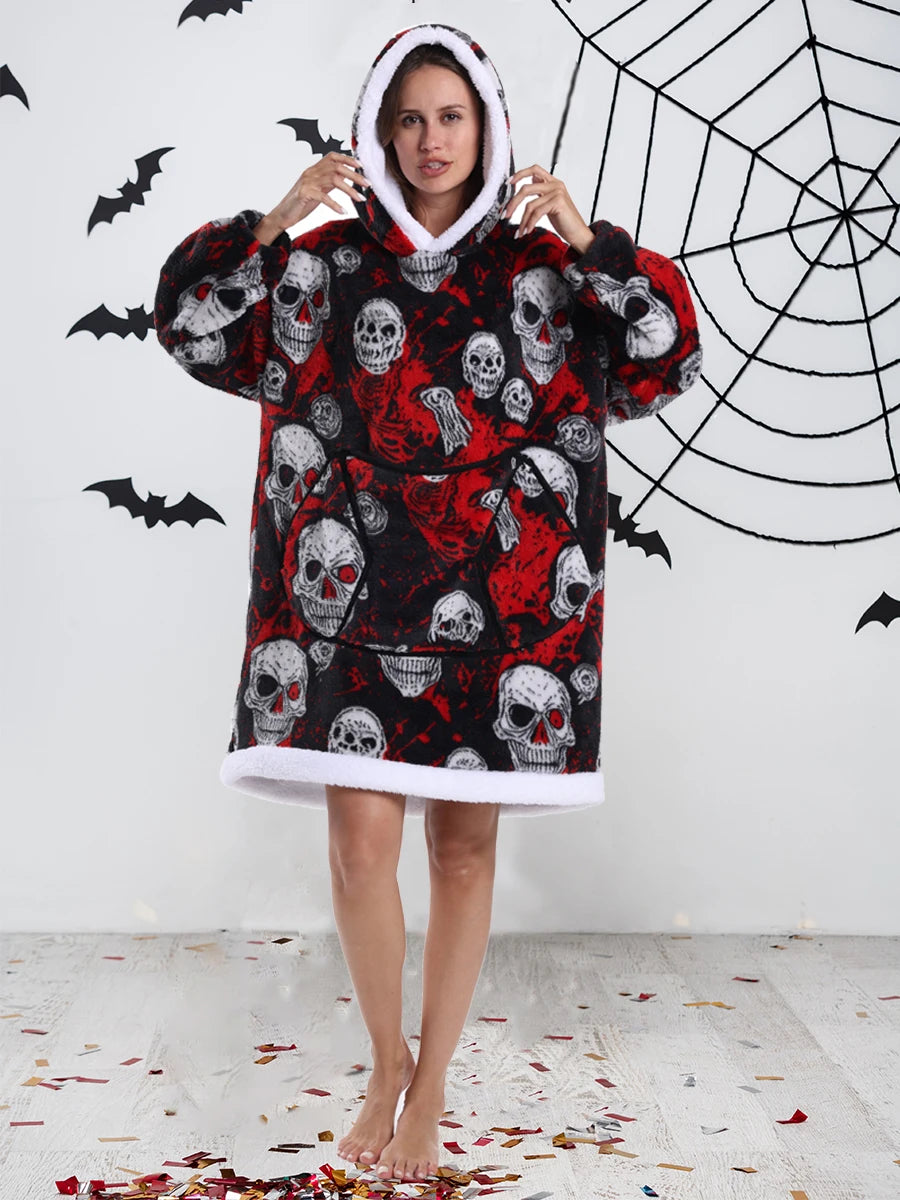 Sudaderas con capucha para mujer, Top de manga larga esponjoso y cálido en negro y gris, sudadera con capucha de fantasma y calavera de calabaza para Halloween, manta de gran tamaño para adultos, ropa de invierno