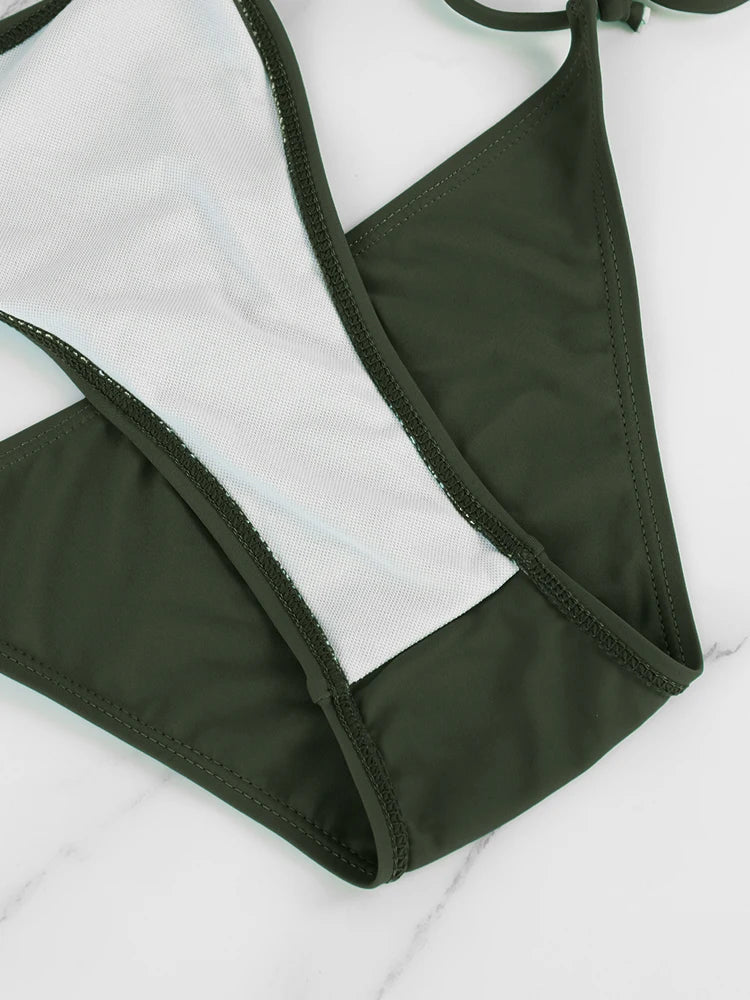 Conjunto de bikini sexy de 2 piezas para mujer, de color liso, sin tirantes, con espalda descubierta, tanga, traje de baño de verano, con detalles laterales de vendaje.