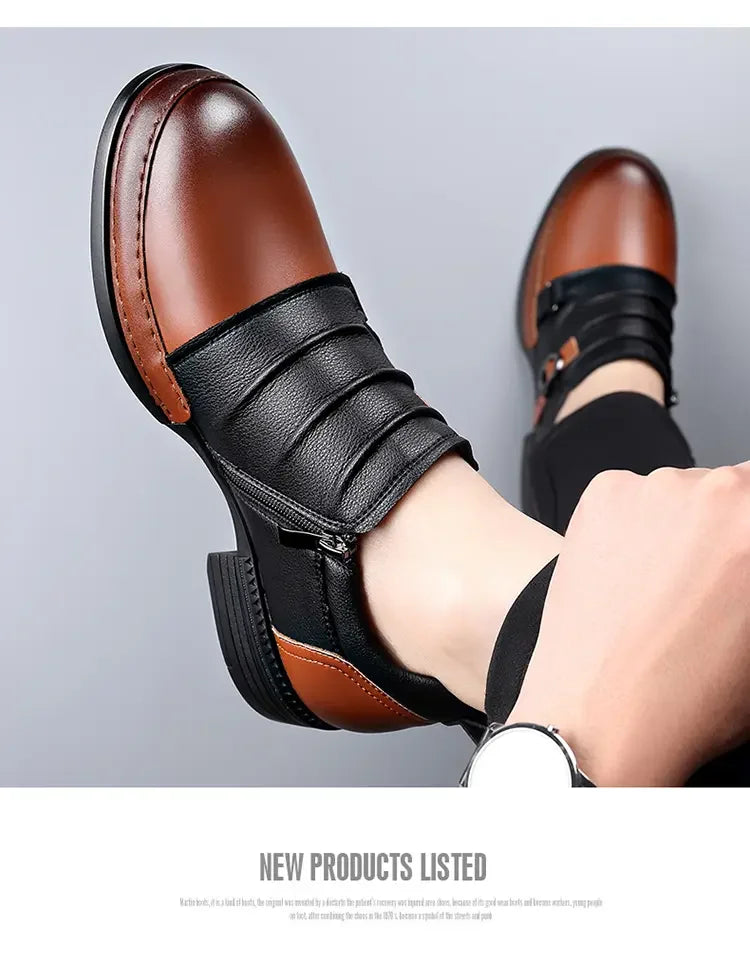 Mocasines con hebilla y cremallera para hombre, cuero genuino, tacón cuadrado