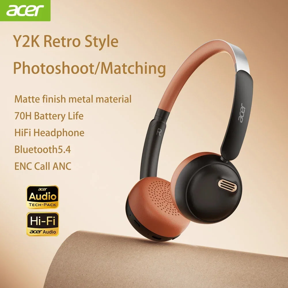 Auriculares Bluetooth Acer OHW111, Estilo Retro, Inalámbricos, Bluetooth 5.4, HIFI Estéreo, para Gamers, 70 Horas de Reproducción