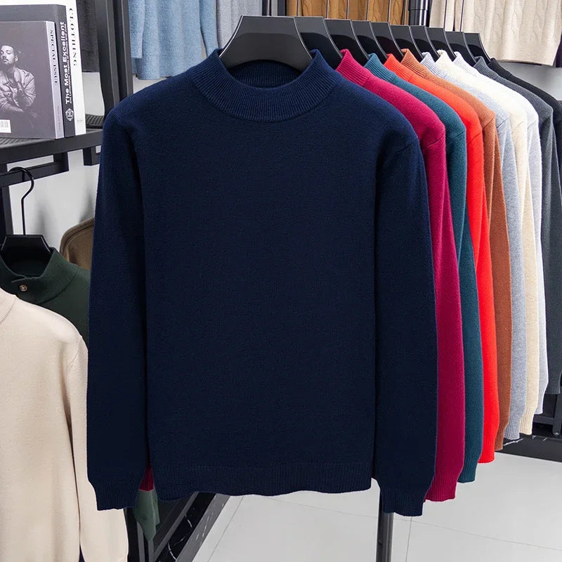 Suéter de punto de medio cuello alto para hombre, jersey de Color sólido con cuello simulado, sudadera informal de Otoño/Invierno, ropa de marca para hombre