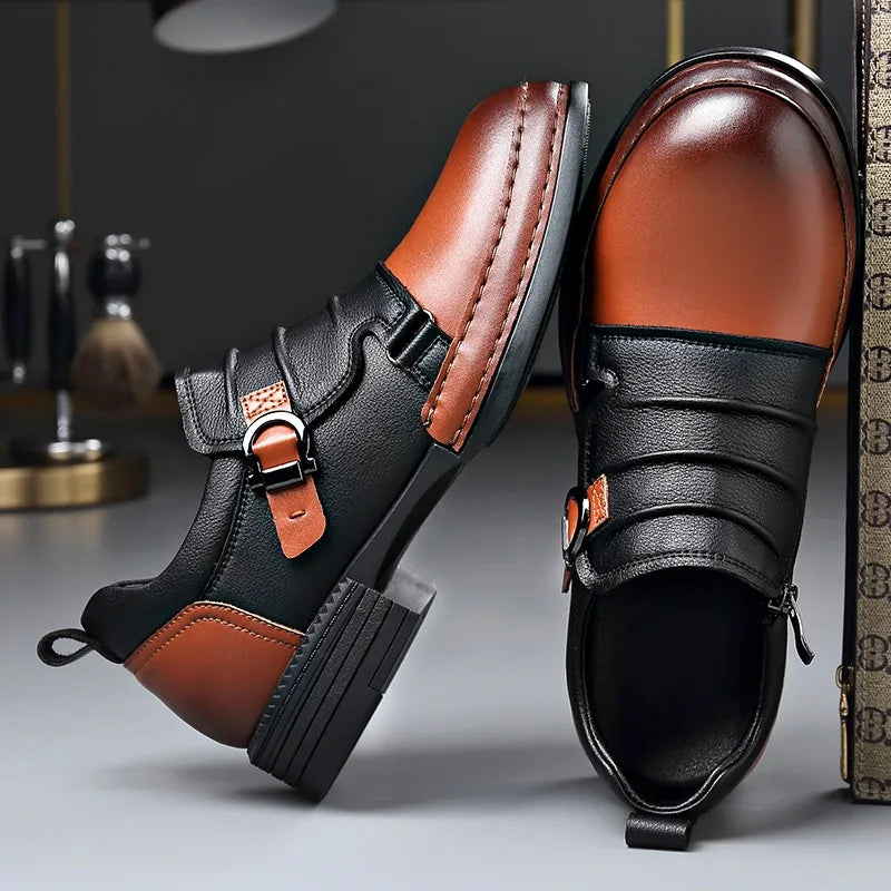 Mocasines con hebilla y cremallera para hombre, cuero genuino, tacón cuadrado