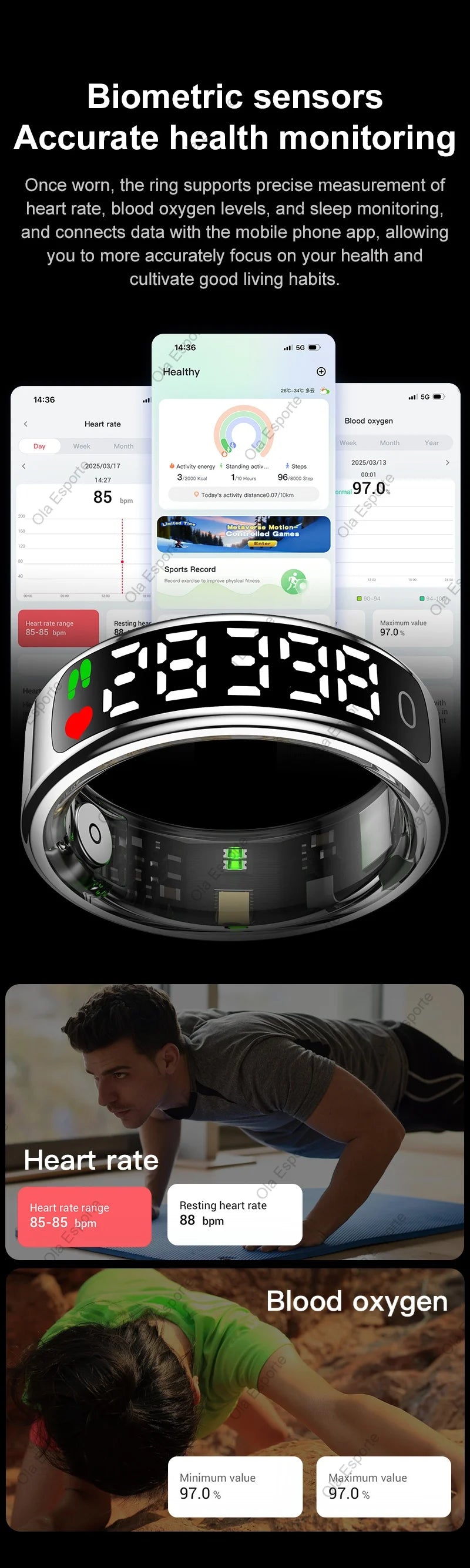 Anillo inteligente pantalla táctil LED Monitor de salud Control de gestos estuche de carga inalámbrica anillo deportivo impermeable hombres mujeres 2025