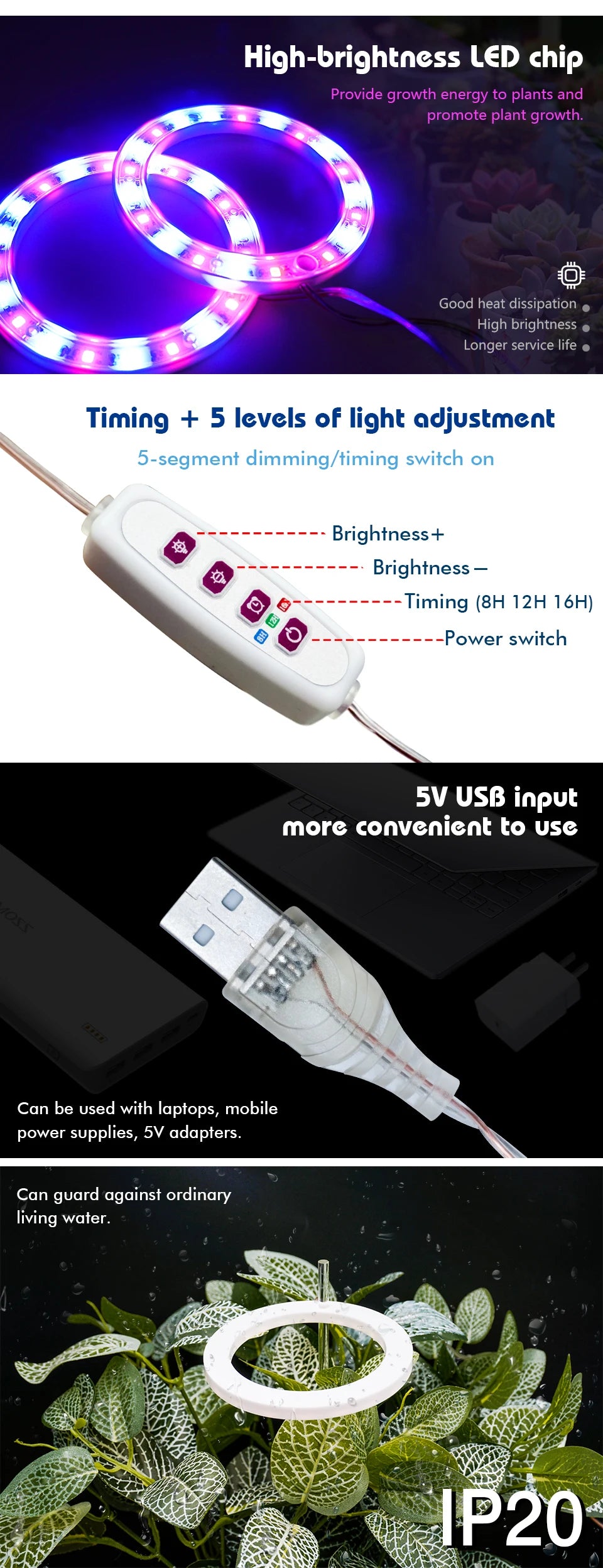 Anillo de Ángel LED para cultivo de luz, fitoamplificador USB de 5V CC para plantas, lámparas de espectro completo para plantas de interior, plántulas de invernadero, flores para el hogar