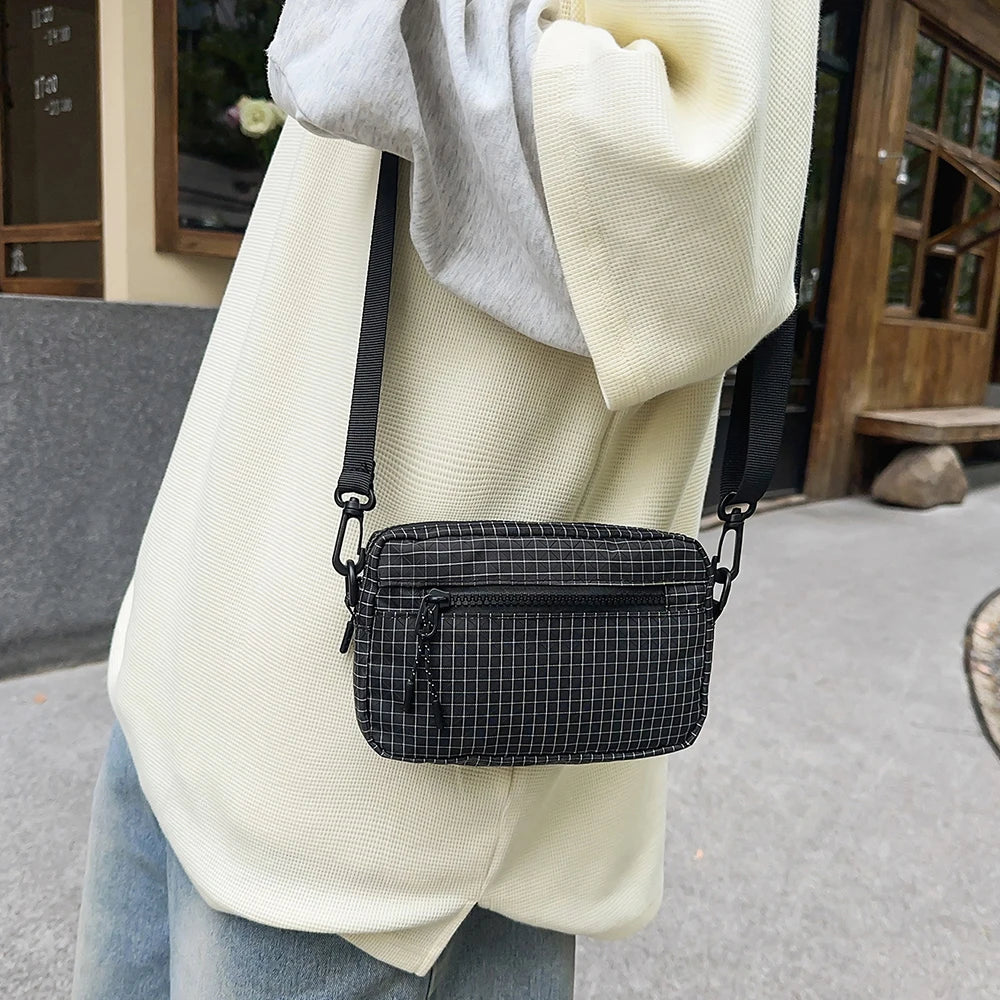 Bolso bandolera, bolso de hombro con diseño de cuadros, bolso bandolera ligero de nailon con correa ajustable, para uso diario, viajes, hombres, mujeres