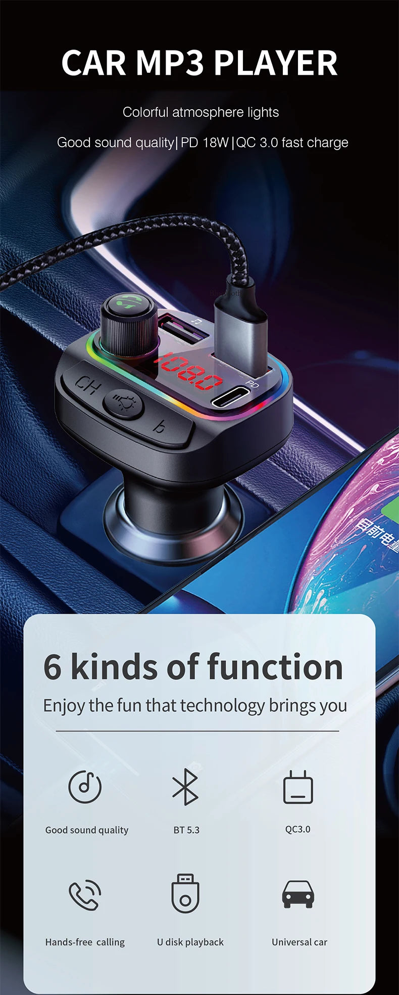 Transmisor FM Bluetooth DYBO para Auto, Cargador USB Dual, Manos Libres