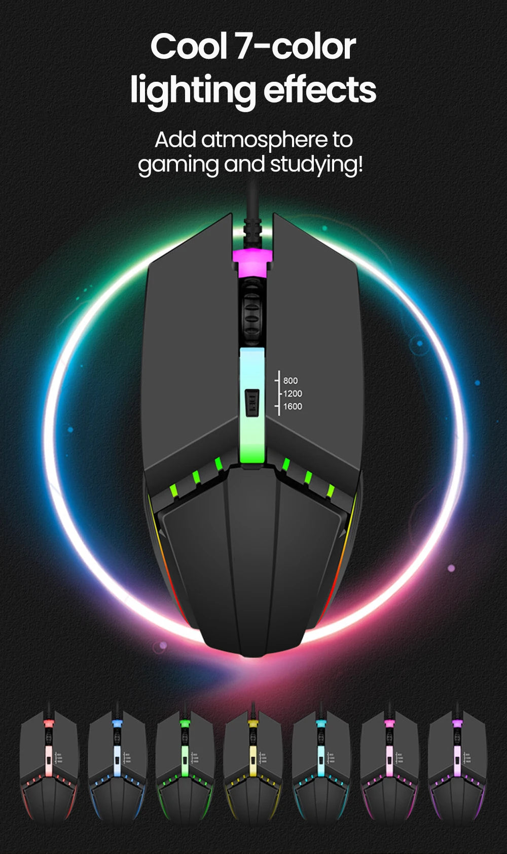 Ratones USB silenciosos con retroiluminación RGB, ratón para juegos con cable USB para PC de escritorio, portátil, ordenador, hogar y oficina, LED luminoso de 1600DPI