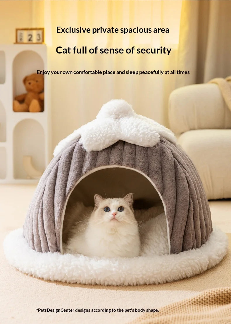 Cama para Gatos de Felpa Semicerrada con Capucha - Cálida y Lavable