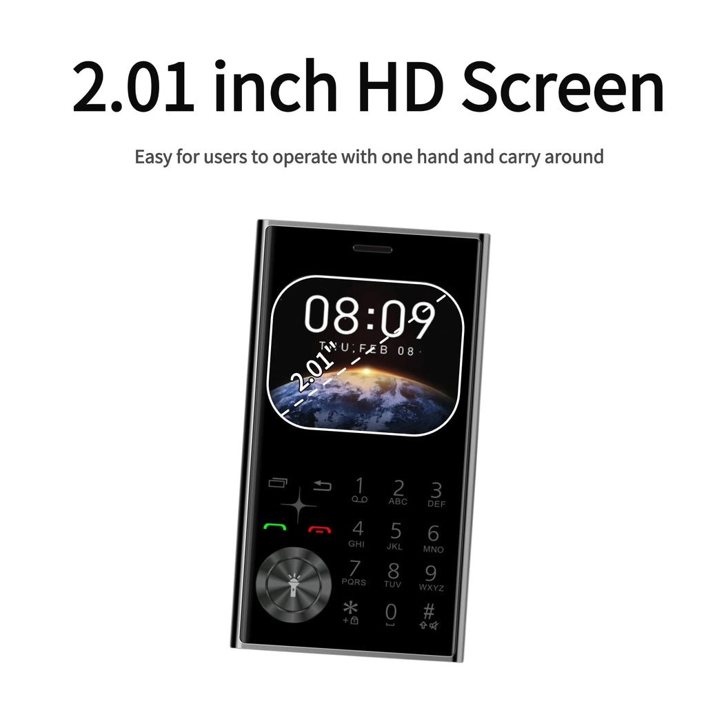 Mini teléfono de tamaño de tarjeta de crédito desbloqueado, doble SIM, pantalla ultrafina de 2,0 ", cambiador de voz para teléfono móvil, linterna con esfera de velocidad