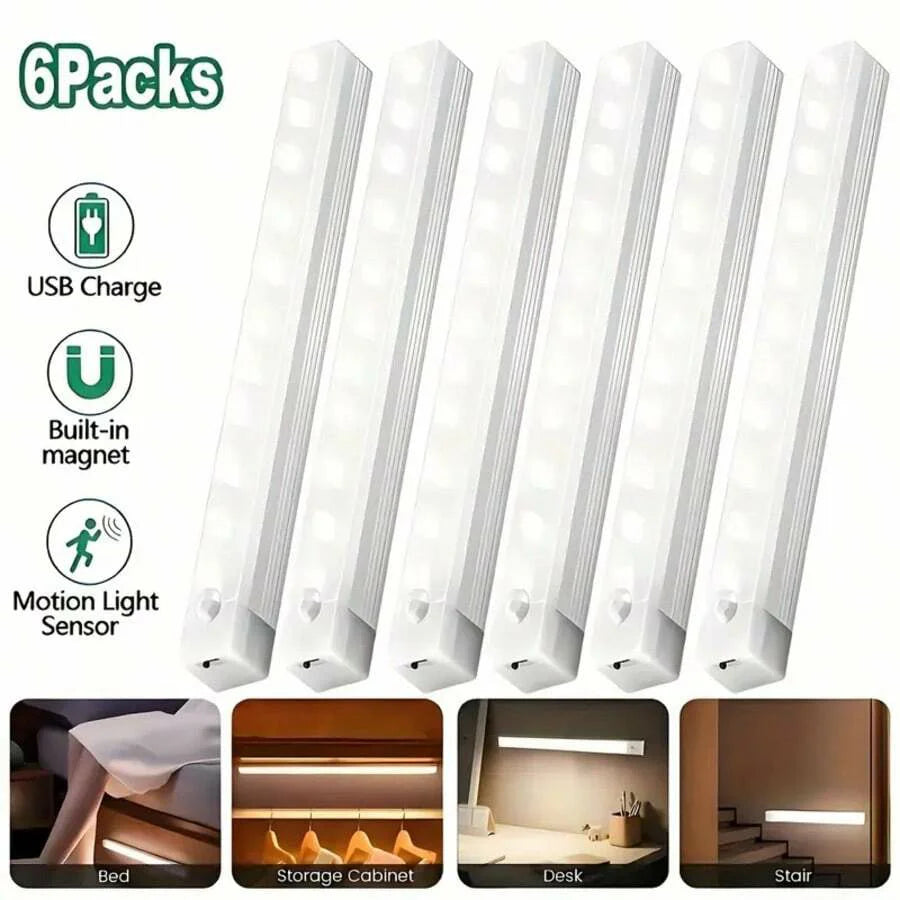 Luz de gabinete con sensor de movimiento LED recargable inalámbrica de 6 piezas - Ideal para armario, cocina, armario, escaleras - Noche con pilas