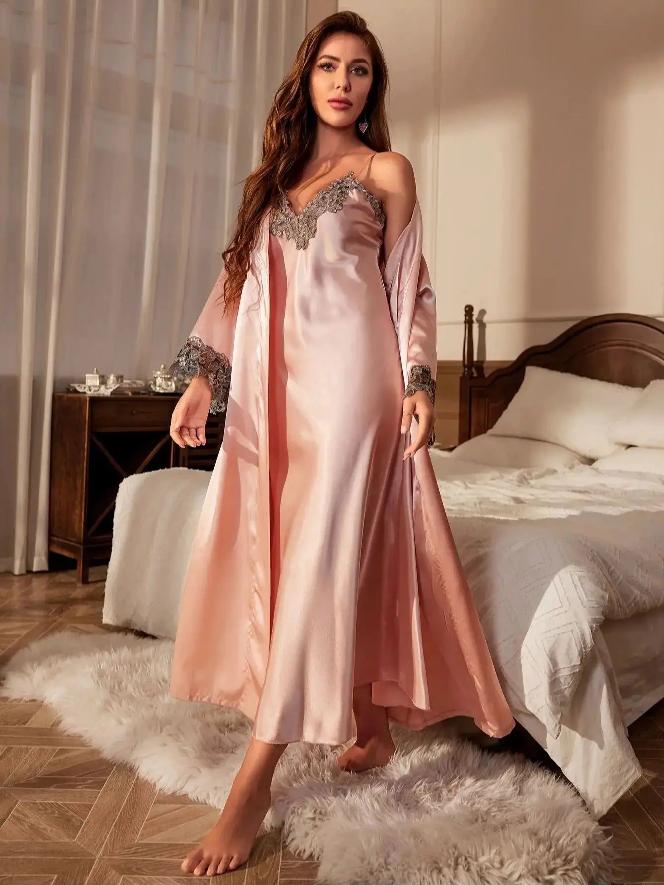 Conjunto de pijama de encaje en contraste, bata de manga larga con cinturón, vestido deslizante con cuello en V, ropa de dormir para mujer, ropa de descanso