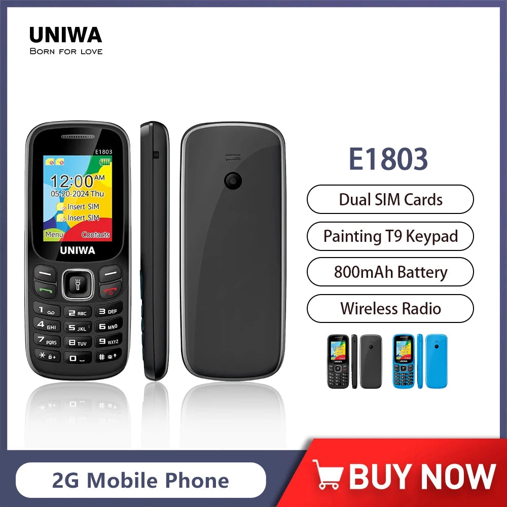 UNIWA E1803 2G precio bajo delgado GSM Mini teléfono móvil Dual SIM T9 teclado 800mAh batería Radio inalámbrica linterna teléfono para personas mayores