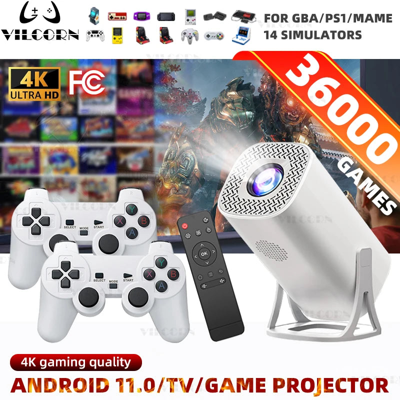 Mini Proyector Consola de Videojuegos 36000 Juegos con Android 11 Video 1080P Proyector para Interiores y Exteriores