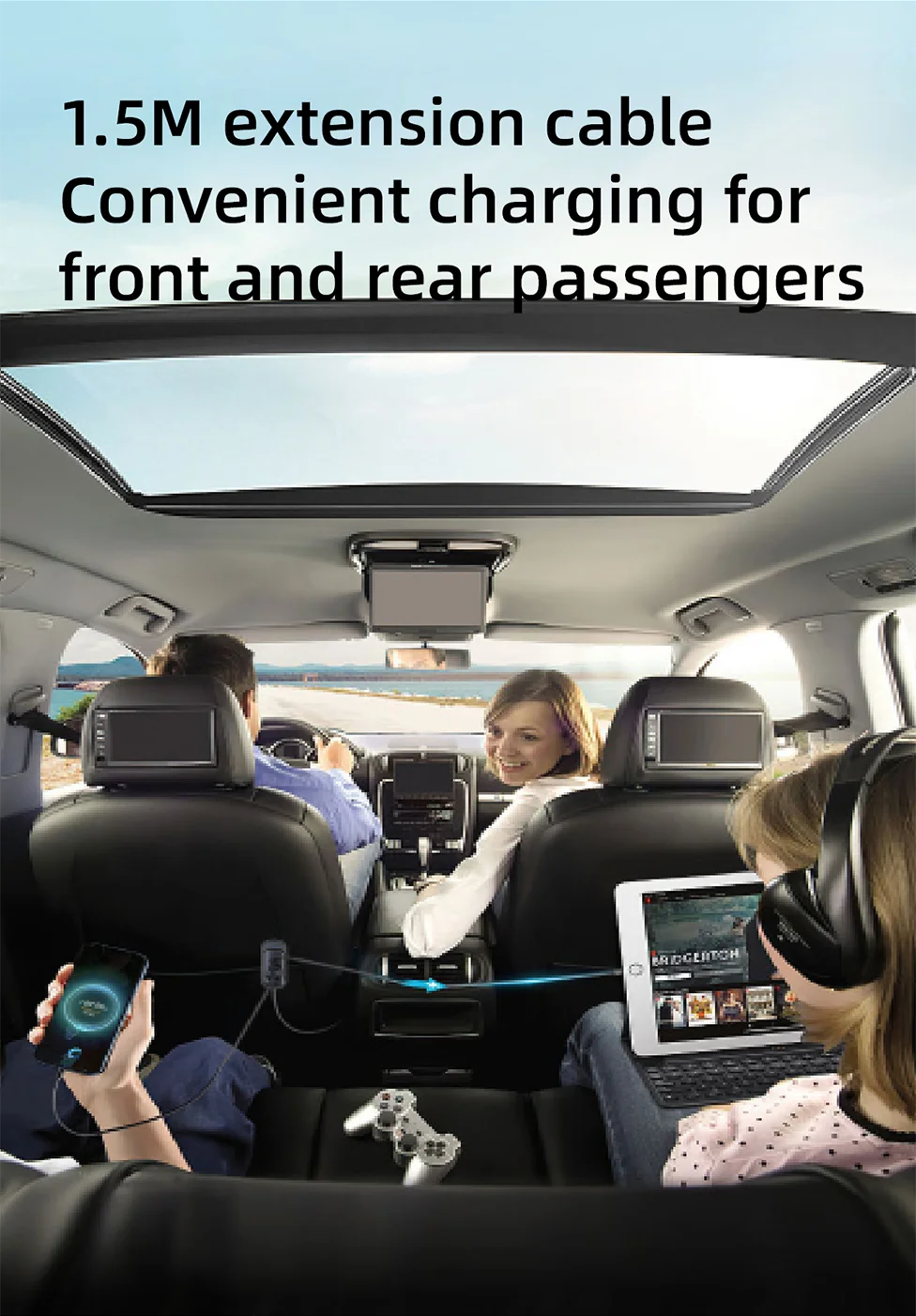 Cargador de Auto PD30W 5 Puertos con USB-C y Extensión para Asientos Traseros