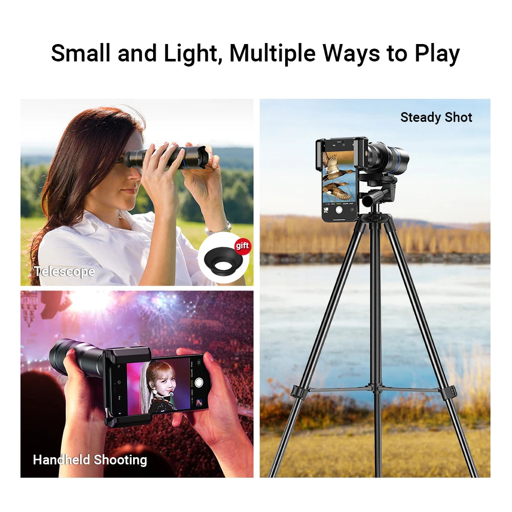 Teleobjetivo APEXEL 20-40X Zoom con Trípode para Smartphone