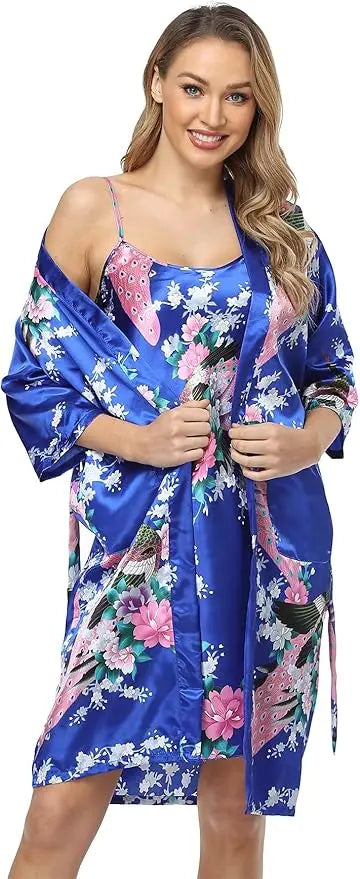Conjunto de camisón y kimono de satén floral para mujer con camisola, ropa de dormir de 2 piezas, albornoz de pavo real