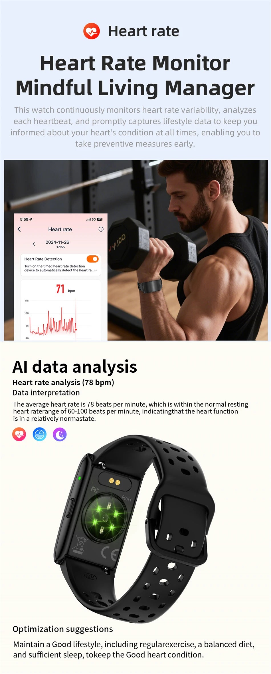 Reloj Inteligente sin Pantalla con HRV y Presión