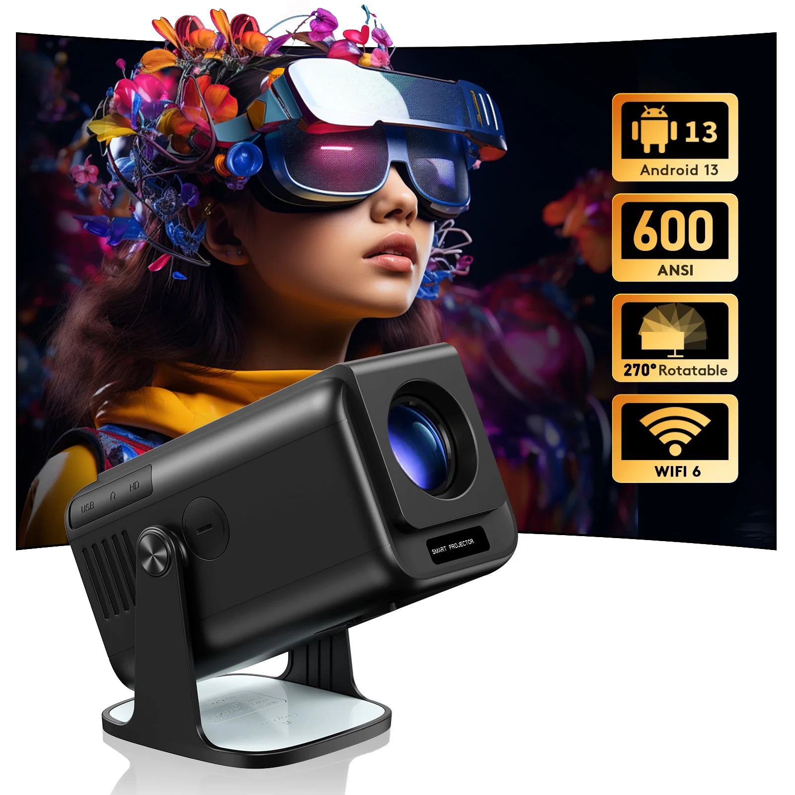 Proyector portátil HD 1080P 4K HY500 Android con espejo de pantalla inalámbrico