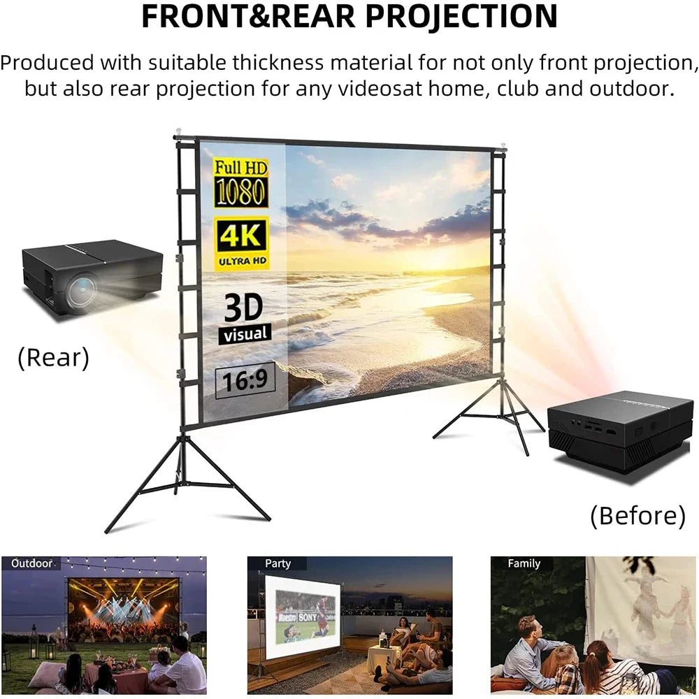 LEJIADA-Pantalla de proyector con soporte, pantalla blanca sin arrugas de 60-150 pulgadas, ángulo de visión de 160 °, doble cara, cine en casa, al aire libre