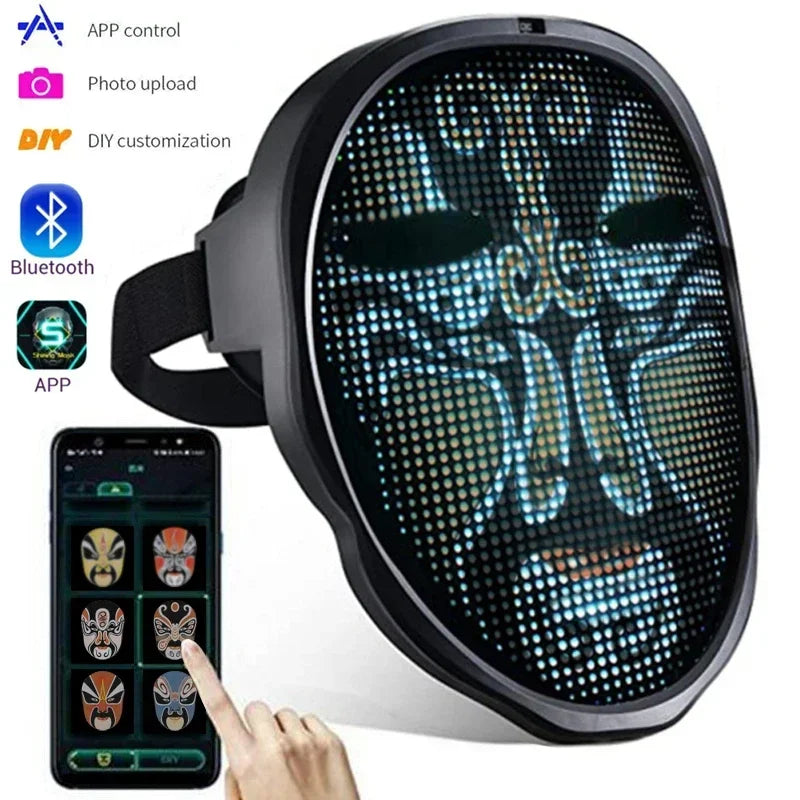 Mascarillas faciales LED con Bluetooth inteligente, Control programable por aplicación, cambio de cara, fotos DIY para exhibición de fiesta, máscara de luz LED para Halloween