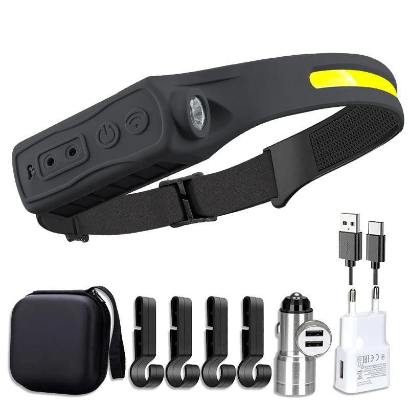 Linterna Frontal LED XPE+COB Recargable USB con Sensor Táctil