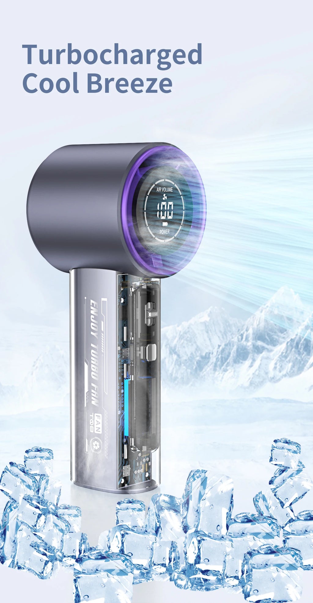 Ventilador de mano digital turbo de alta velocidad con 100 niveles ajustables, silencioso, portátil, botones físicos mecha transparentes