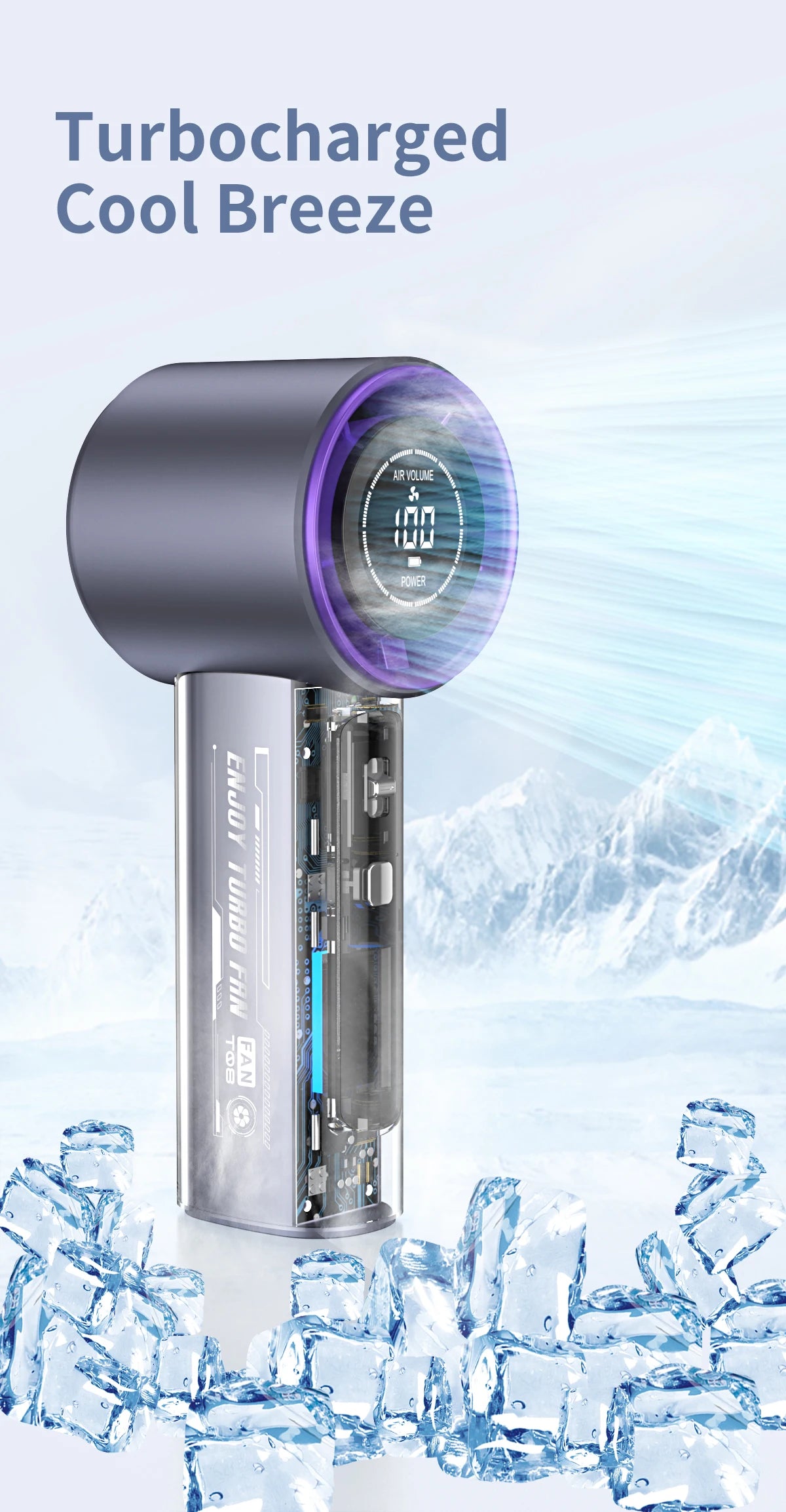 Ventilador de mano digital turbo de alta velocidad con 100 niveles ajustables, silencioso, portátil, botones físicos mecha transparentes