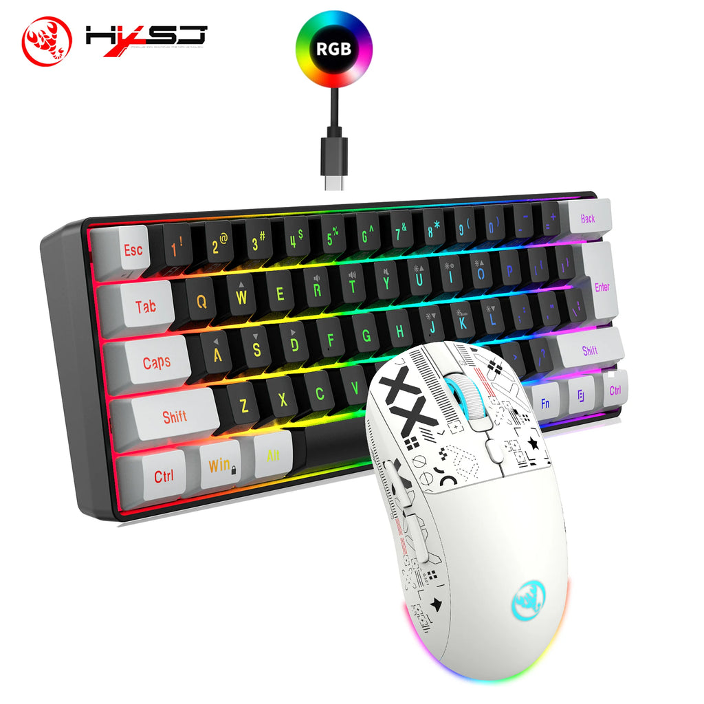 HXSJ-60% Juego de teclado y ratón retroiluminado RGB, teclado con cable de 61 teclas, ratón inalámbrico óptico para juegos de 3 modos para ordenador portátil y PC