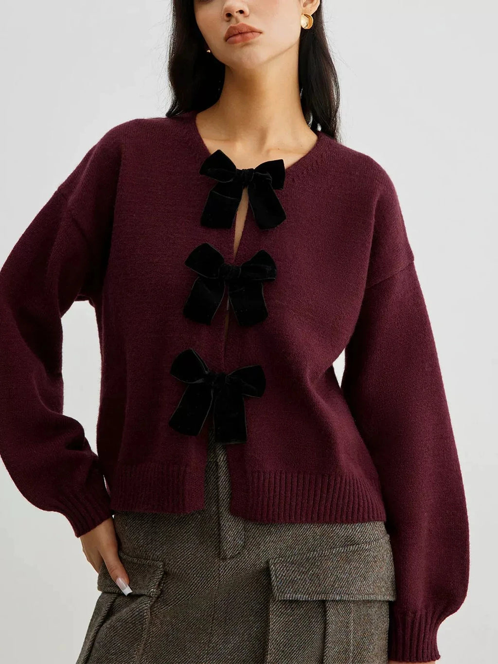 Otoño Invierno dulce coqueta mujeres suéteres cárdigan mujeres de manga larga de terciopelo arco tejido Cardigan temperamento prendas de vestir exteriores